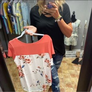BOUTIQUE S/S Color Block Floral Print Top (orange) NEW!